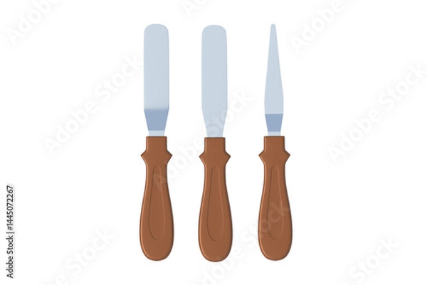 Fototapeta Set of cake decorating spatulas isolated on white background. Confectionery tool. Professional equipment. Top view. 3d rendering