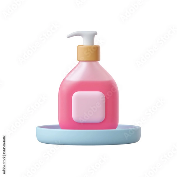 Fototapeta Pink soap dispenser bottle on blue dish for clean hygiene routine