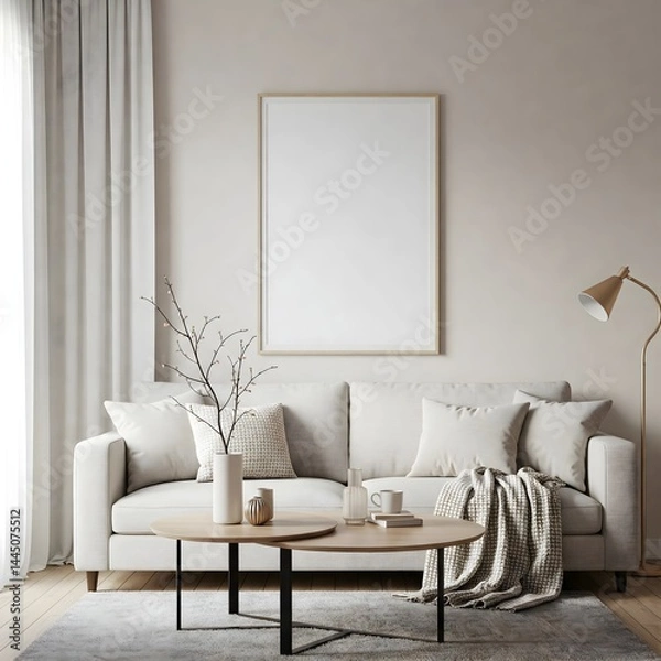 Fototapeta Frame mockup, ISO A paper size. Living room wall poster mockup. Interior mockup with house background. Modern interior design. 3D render 