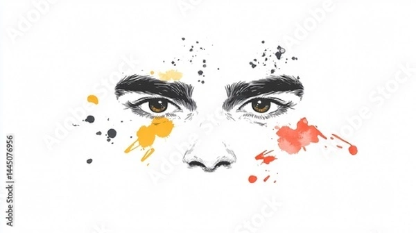 Fototapeta A free spirited watercolor face with multicolored splashes and loose ink strokes representing liberation and spontaneity