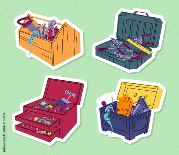 Fototapeta Cartoon Color Different Construction Toolkit Boxes Stickers Set Repair Master Implement Tool Box Concept Flat Design Style. Vector illustration of Toolbox Sticker