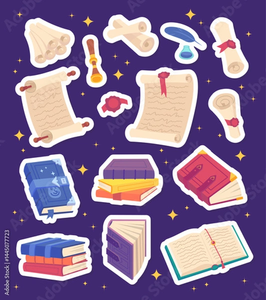 Fototapeta Cartoon Color Different Spell Magic Books and Scrolls Stickers Set Wizard Elements Concept Flat Design Style. Vector illustration