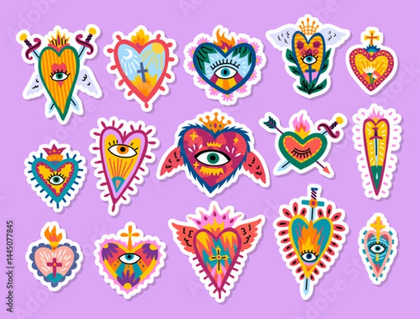 Fototapeta Cartoon Color Different Sacred Mexican Hearts Stickers Set Day of Dead Holiday Concept Flat Design Style. Vector illustration