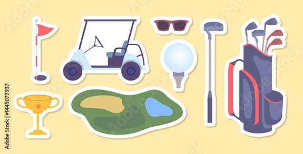Fototapeta Cartoon Color Different Golf Equipment Stickers Set Sport Concept Flat Design Style. Vector illustration of Player Bag, Putter, Ball, Hole, Course, Gloves, Cup and Car