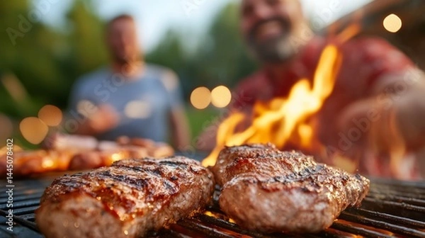 Fototapeta Steaks sizzling on a flaming outdoor grill with people enjoying a summer barbecue.