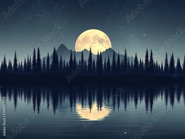 Obraz Full moon over silhouetted mountains and forest reflected in still water under a starry sky