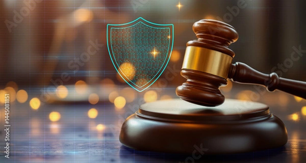 Fototapeta A judge's gavel rests on a desk with a digital shield symbolizing cybersecurity and legal protection.