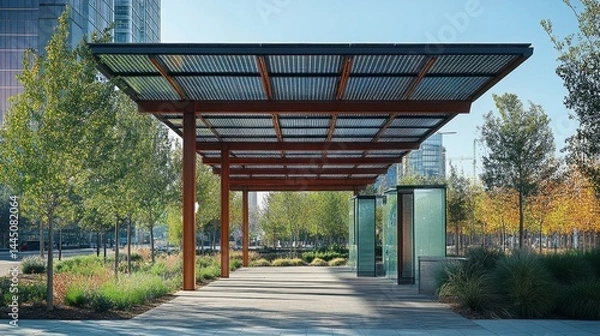 Obraz The solar canopy offers shade and sustainable power in a vibrant city plaza, promoting outdoor activities and providing a comfortable space for relaxation and socializing