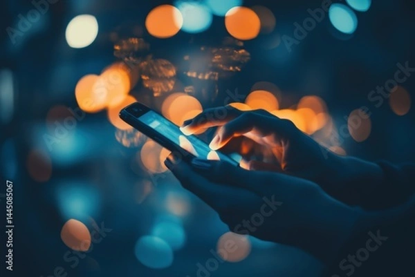 Fototapeta Hands tapping on mobile phone screen reflecting lights in modern digital connectivity concept night