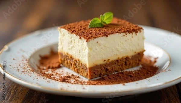 Fototapeta Close-up of individual tiramisu portion, dusted with cocoa, close-up, light