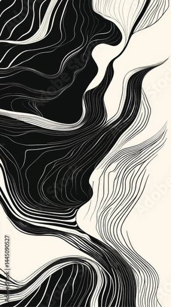 Fototapeta Creative concept posters covers with modern abstract shapes waves hand drawn lines, background black and white vector	