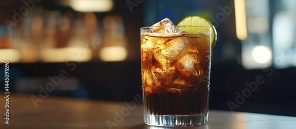 Fototapeta A refreshing rum and coke cocktail garnished with lime.