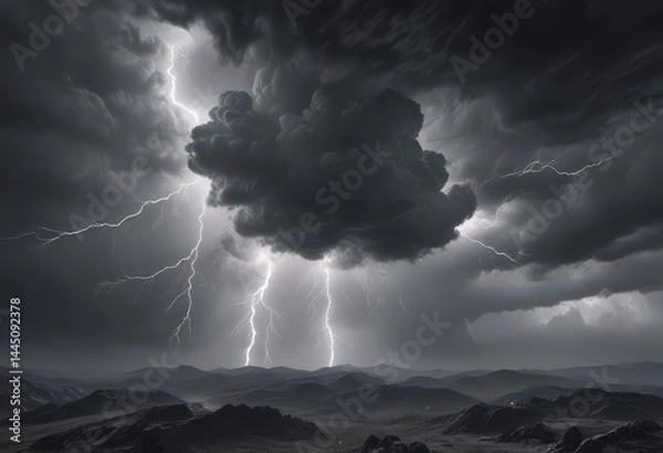 Obraz Dense, textured grey cloudscape, fierce lightning illuminates the gloom ,  overcast,  natural