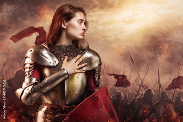 Fototapeta A woman in shiny armor stands confidently with her hand on her heart, gazing thoughtfully into the distance amidst a battlefield filled with warriors and banners