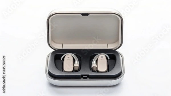 Fototapeta hearing aids device innovation concept High-quality hearing aids displayed in a sleek case for accessibility and convenience.
