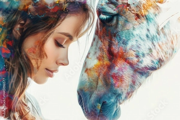Fototapeta Young woman and horse covered in colorful paint splashes looking at each other close up, concept of trust, connection and special bond between people and animals.