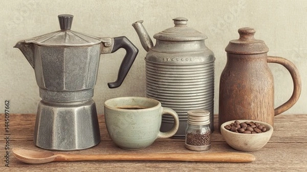 Obraz Still life composition featuring coffee-making utensils and a cup of fresh coffee.