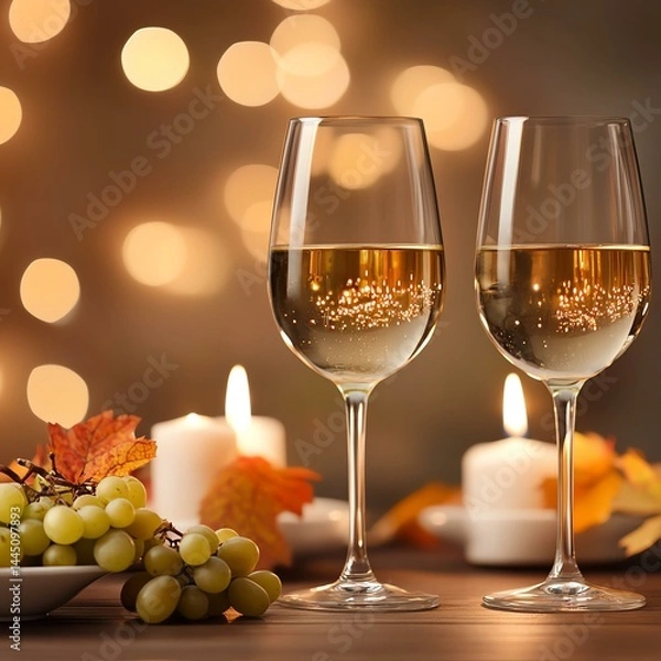 Fototapeta National Wine Day celebration with grapes and elegant dinner Elegant wine glasses with grapes and candles, creating a warm, festive ambiance.