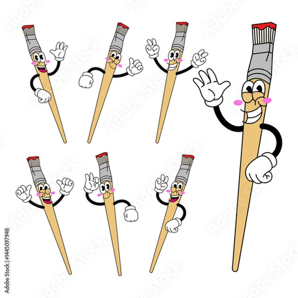 Fototapeta Set of Happy Paintbrush Character in Various Pose