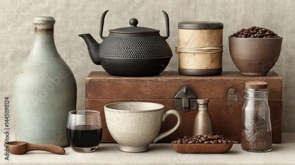 Obraz Still life composition with coffee beans, tea kettle, and ceramic objects on a table
