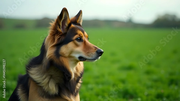 Fototapeta Alert German Shepherd in Green Field Watchful Dog Scanning Horizon