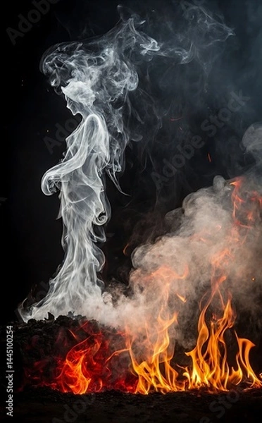Fototapeta Fiery Silhouette: A striking, artistic portrayal of a woman's silhouette elegantly emerges from a swirl of smoke and fire, creating a captivating blend of elements.