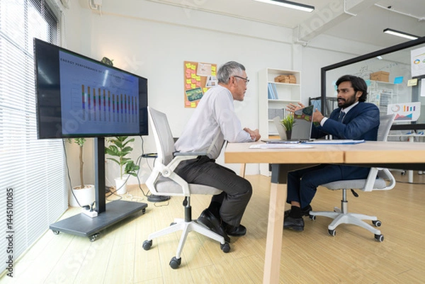 Fototapeta In a contemporary office, two senior executives with a mission to brainstorm and monitor the progress of a business project