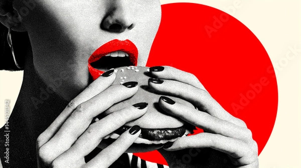 Fototapeta Pop-Art-Collage einer Frau mit rotem Lippenstift beim Burgeressen – moderner Retro-Stil. Künstliche Intelligenz KI