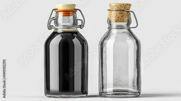 Obraz Two glass bottles, one filled with dark liquid and the other empty, isolated