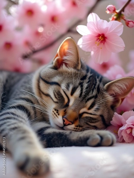 Obraz Serene Grey Tabby Cat Sleeping Peacefully Amidst Cherry Blossoms