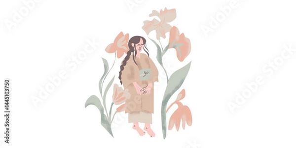 Fototapeta Spring illustration with geisha drawn in vector graphics on white isolated background. Japanese illustration in fllet style. Designs for greeting cards, stickers, posters.