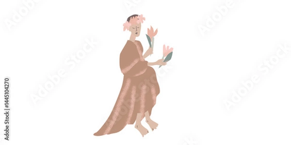 Fototapeta Spring illustration with geisha drawn in vector graphics on white isolated background. Japanese illustration in fllet style. Designs for greeting cards, stickers, posters.