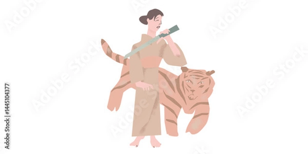 Fototapeta Spring illustration with geisha drawn in vector graphics on white isolated background. Japanese illustration in fllet style. Designs for greeting cards, stickers, posters.