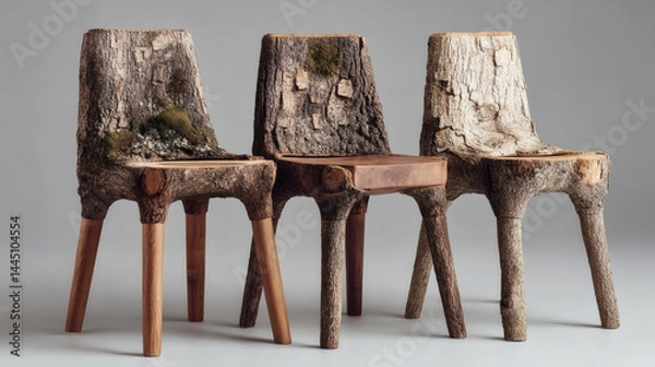 Obraz Unique Wooden Chairs Crafted from Natural Tree Trunks and Bark