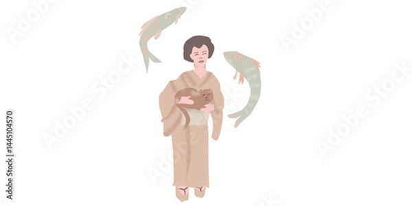Fototapeta Spring illustration with geisha drawn in vector graphics on white isolated background. Japanese illustration in fllet style. Designs for greeting cards, stickers, posters.