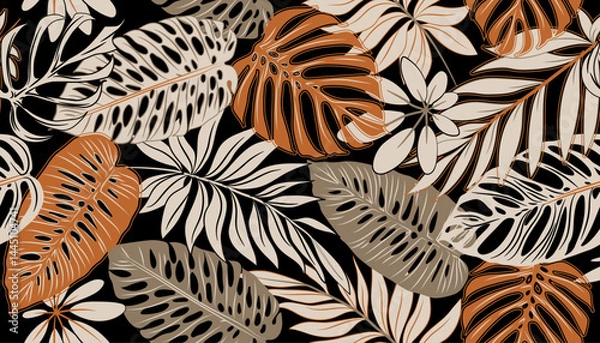 Fototapeta Abstract seamless tropical pattern with bright tropical leaves in brown tones. Canvas fabric texture vector background