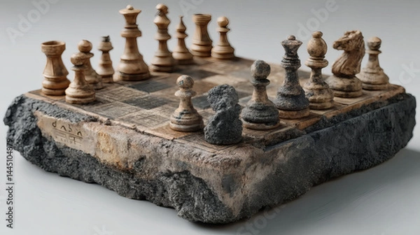 Obraz Unique Rustic Chess Set on Textured Stone Board with Natural Finish