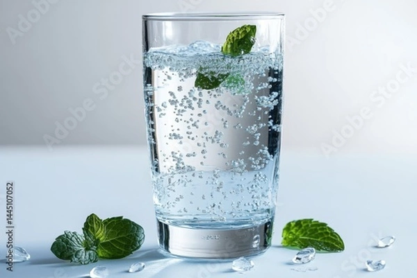 Fototapeta Refreshing sparkling water glass with mint perfect hydration clean and crisp cool bubbles elegant