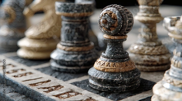 Obraz Vintage Chess Pieces on Intricate Board with Unique Detailing