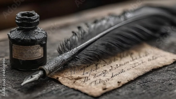 Obraz Vintage Feather Pen and Ink Bottle on Rustic Wooden Surface