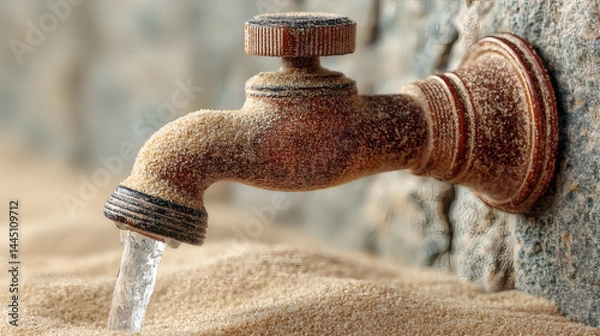 Obraz Vintage Faucet with Water Flowing from Sand Surface in Desert Setting