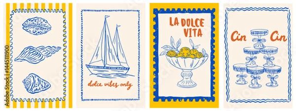 Fototapeta Summer Italy la dolce vita vintage posters. Amalfi or Sicily print, wall art, vector travel postcard stamp, summer emblem, placard or poster. Retro frame border element design. Vector illustration
