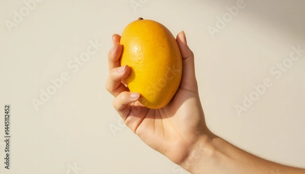 Fototapeta A hand holding a yellow fruit. The fruit is a mango. The hand is holding the fruit in a way that it looks like it is about to be eaten
