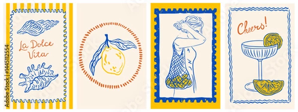 Fototapeta Hand draw la dolce vita vintage posters with lemon. Italian amalfi sicily style vacation vector illustrations in ink line doodle sketch style. Chalk charcoal style drawing for poster, placard or print