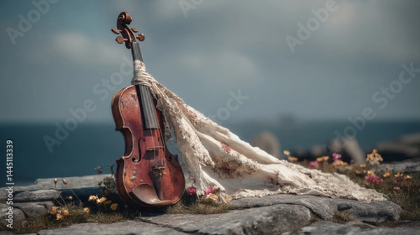 Obraz Violin on Scenic Rock Surface with Floral Lace and Ocean Background