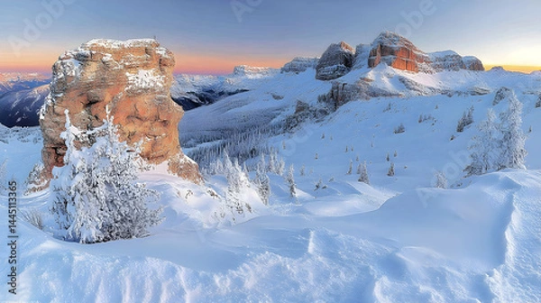 Fototapeta Winter Wonderland: Snowy Peaks and Frozen Trees at Dawn