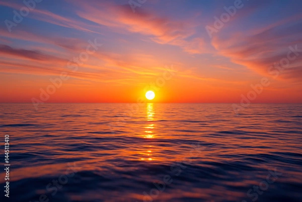 Obraz Colorful ocean sunset with golden sun reflections on calm waves and glowing sky in summer evening nature landscape with beautiful cloud patterns