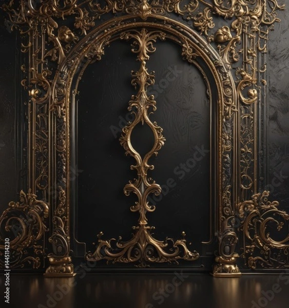 Fototapeta Elegant black & gold shimmering backdrop, ornate details,  black gold,  foil