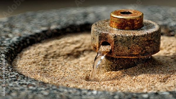 Obraz Water Flowing from Vintage Fountain into Stone Basin with Sand