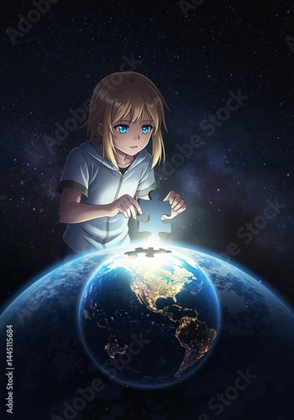 Fototapeta Young child solving puzzle on Earth against starry space background  